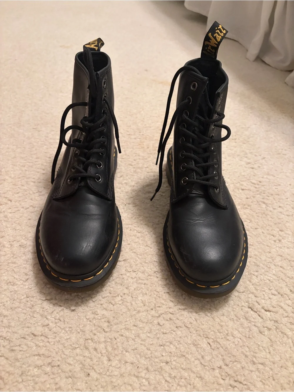 Dr. Martens Black Leather Lace-Up Boots with Yellow Stitching
